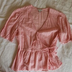 Lucky Brand Puff Sleeve Wrap Blouse in Pink and Orange